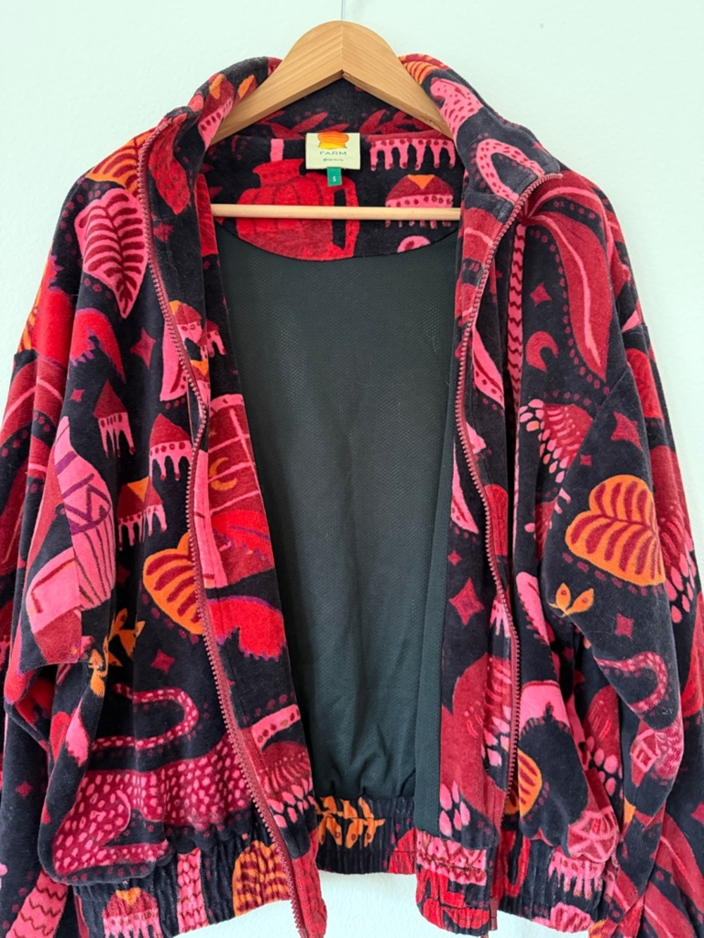 Farm Rio Black Tropical Magic Plush Velvet Bomber Jacket women's size Small - Picture 9 of 16